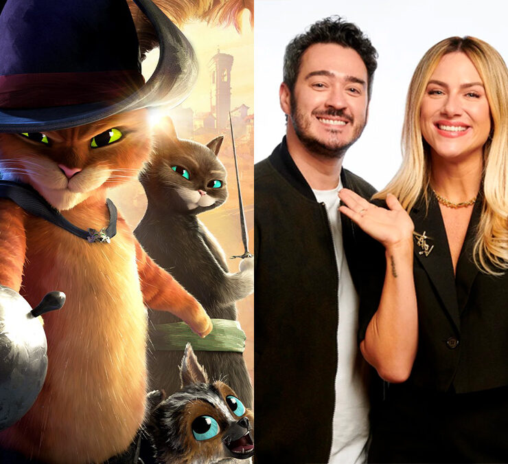 Pôster do filme 'Gato de Botas 2: O Último Pedido' e os dubladores Marcos Veras, Giovanna Ewbank e Sérgio Malheiros posando em foto de divulgação.