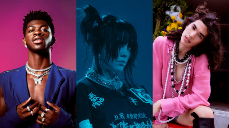 Foto de divulgação de Lil Nas X, Billie Eilish em show da turnê Happier Than Ever e Conan Gray posando para photoshoot da GQ.