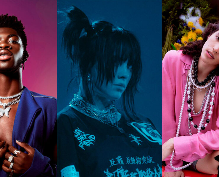 Foto de divulgação de Lil Nas X, Billie Eilish em show da turnê Happier Than Ever e Conan Gray posando para photoshoot da GQ.
