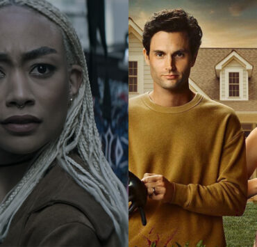 Tati Gabrielle como Marienne em cena da 4ª temporada de "You" e Penn Badgley e Victoria Pedretti no poster da 3ª temporada da série.